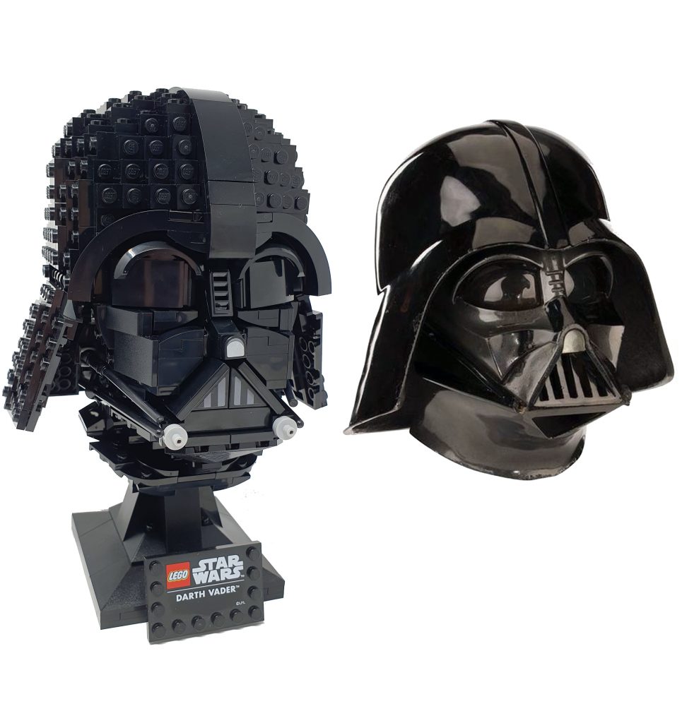image comparing the lego darth vader helmet with the real thing