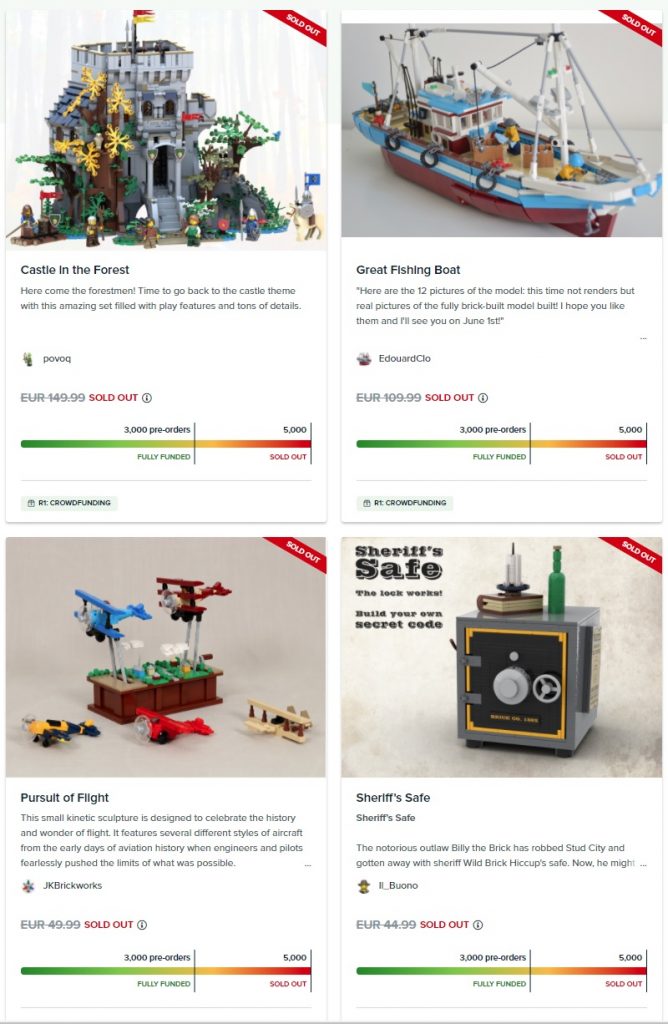screenshot of the funded projects from the bricklink designer program