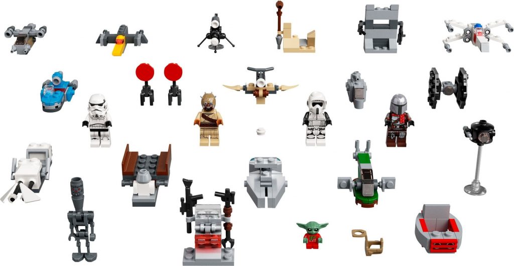 a clean overview of all the contents of the lego star wars 2021 advent calendar