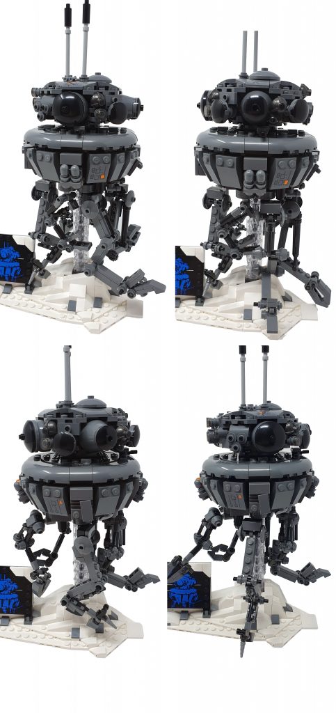 image showing all the different poses for the lego imperial porbe droid