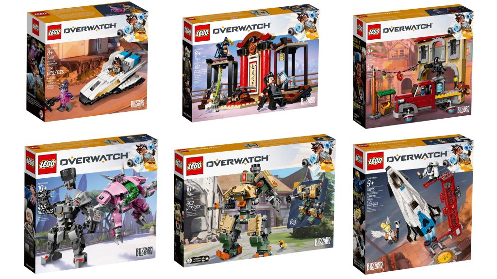 image of all the boxes for the first wave of lego overwatch sets