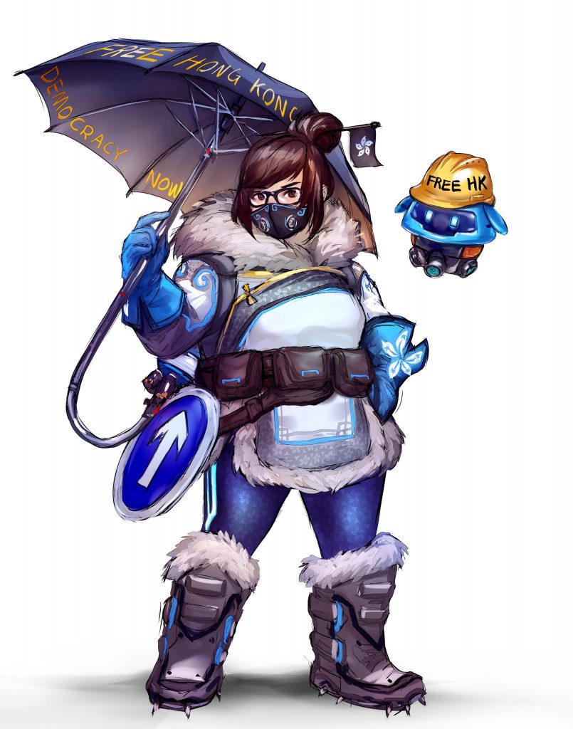 image depicting overwatch character mei dressed in support of the hong kong protests